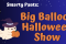 Smart Pants Big Balloon Halloween Show- night sky background with cute ghost holding pumpkin and orange, black, purple and green Halloween themed balloons