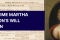 Old newspaper article background with portrait of Martha Washington on the right side. A dark blue banner in the middle horizontally reads That One Time Martha Washington's Will was Stolen