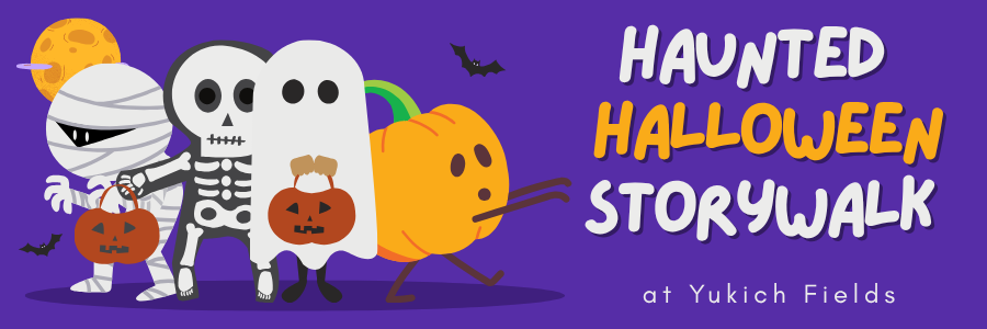 Haunted Halloween Storywalk featuring cute mummy, skeleton, ghost and pumpkin on parade
